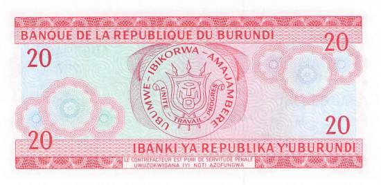 Burundi p27a 20 Francs 1977