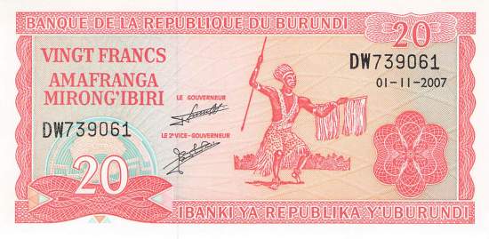 Burundi p27d 20 Francs 2007