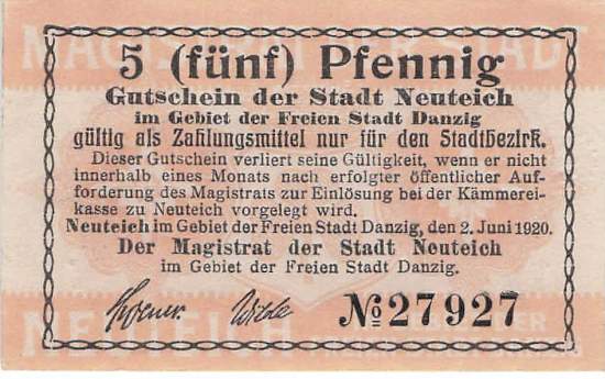 Danzig Neuteich 5  Goldpfennig 1920