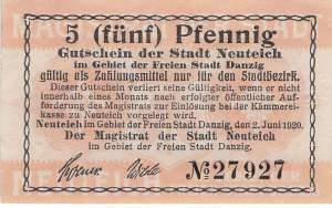Danzig Neuteich 5  Goldpfennig 1920